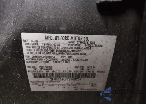 2009 Ford Flex Sel from USA, damaged, VIN 2FMEK62C79BB08259